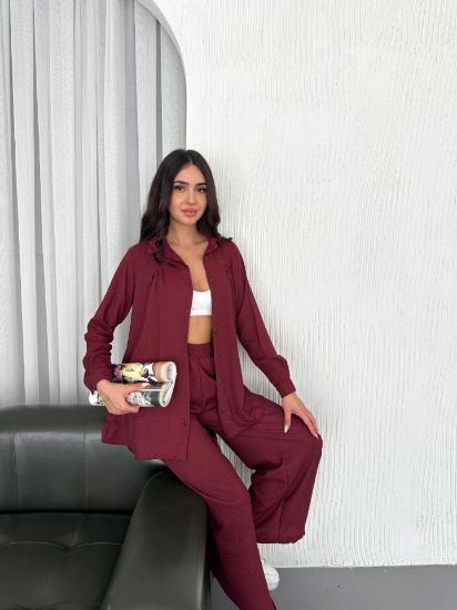 Yakalı Düğmeli Uzun Kollu Gömlek Pantolon Ikili Takım - Bordo resmi